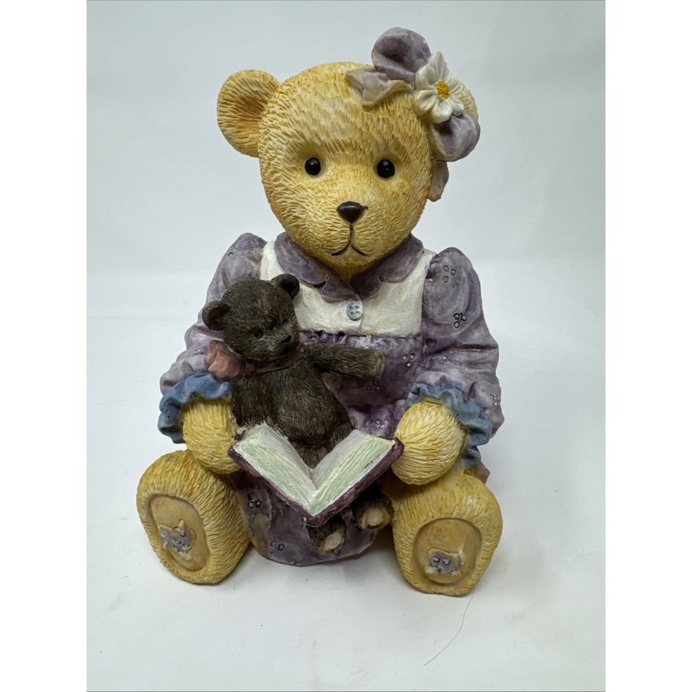 Vintage Girl Bear And Baby Bear Reading Book Piggy‎ Bank Purple Flower Daisy Bow